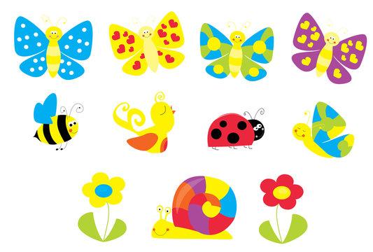   set of cute cartoon springtime nature objects : flowers, butterflies, bee, / joyful collection of spring vectors for children 