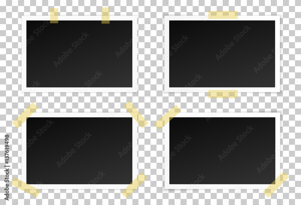 Poster vector set of black photo frames with various shadows. glued with adhesive tape mock up of photo
