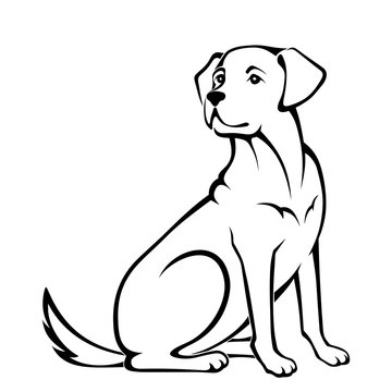 Vector black and white illustration of a sitting dog isolated on a white background.