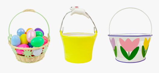 Three Easter baskets with bunnies, flowers, and colorful plastic eggs. Isolated.