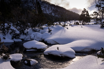 View of Mt. Field National Park covered in snow in winter in Tasmania, Australia