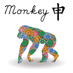 Chinese Zodiac Sign Monkey with color geometric flowers