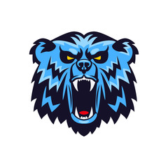 Bear Head Logo Mascot Emblem on shield. Talisman college sports teams, e-sport, school logo, tattoo, avatar, print t-shirt. The design of the character of a wild grizzly.  illustration.