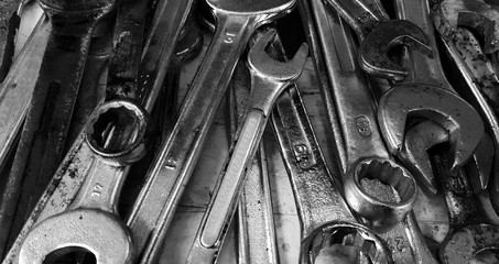 Many wrenches disordered background texture