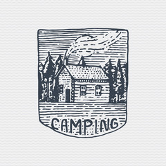 vintage old logo or badge, label engraved and old hand drawn style with mountains peak above forest and house
