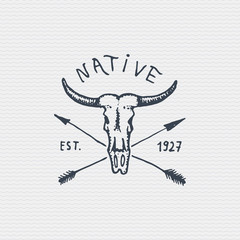vintage engraved badge, label with buffalo skull, hand drawn old logo