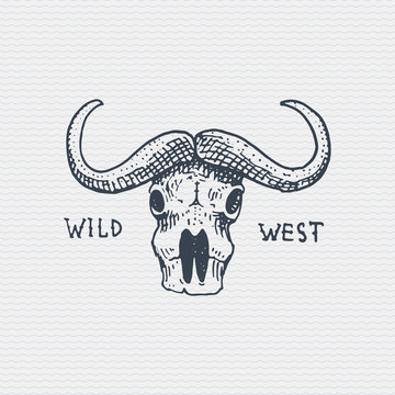 vintage engraved badge, label with buffalo skull, hand drawn old logo