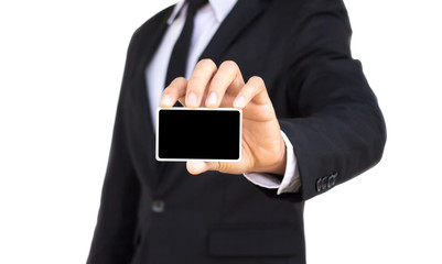businessman showing empty card black screen on white background