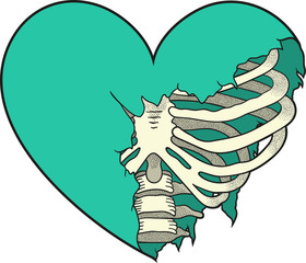 Vector illustration of a cyan ripped heart with ribs underneath