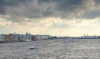 Landscape of Neva river in cloudy day in Saint-Petersburg, Russia