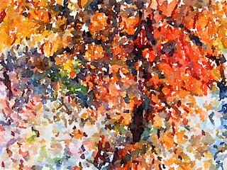 Digital watercolor painting of a black, brown, orange, yellow, green and white painted abstract background with autumn colors. With space for text.