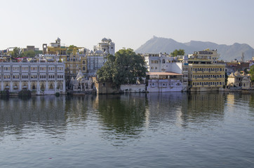 Beautiful landscape of the city on water in India Udaipur
