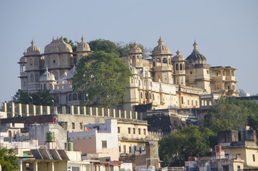 Beautiful landscape of the city on water in India Udaipur
