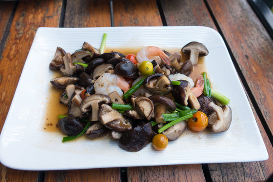 close up mushroom fried with shrimps.healthy food