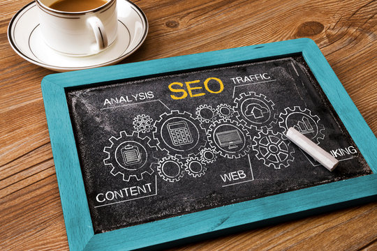 SEO search engine optimization concept on blackboard