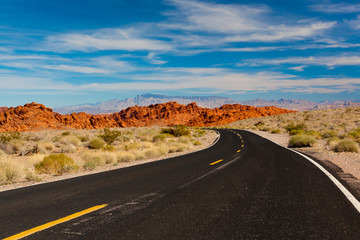 Fototapeta na wymiar Road into stone desert. Valley of Fire State Park, Nevada, USA