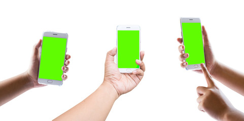 Hand play on mobile touch screen on white isolate background