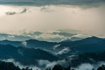 Misty summer mountain hills landscape