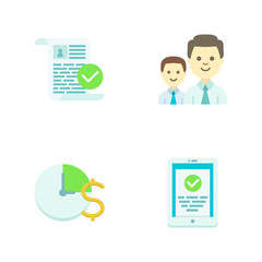 Set of four universal flat icons. Illustrations of blank checking, team work, time is money, mobile device.