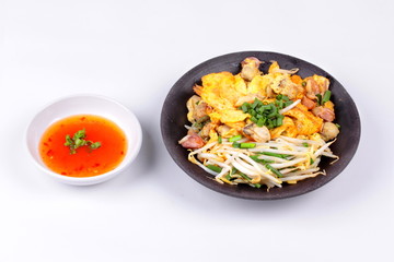Fried oyster omelet with herb call Hoi Tod Khai.