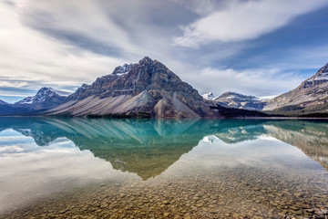 Bow Lake reflection from Num-Ti-Jah Lodge on the Icefield Parkway, Banff National Park, Alberta, Canada
