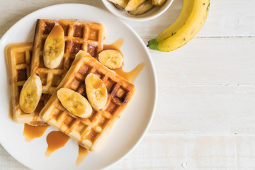 banana waffle with caramel