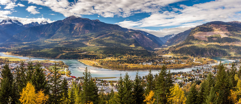 Panoramic view of the town of Revelstoke in Autumn, British Columbia, Canada