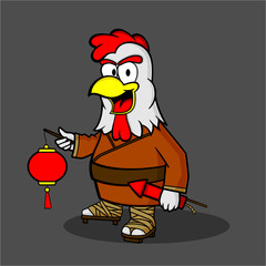 Vector Illustration Chicken Holding Fireworks and Lanterns Ready For the Chinese New Year Celebration