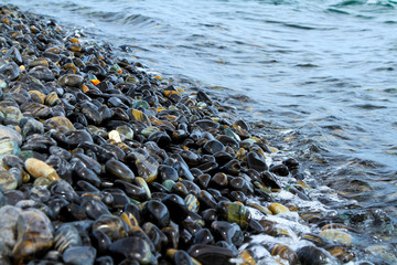 Many beauty pebble and small wave on koh Hin Ngam Island near Kor Lipe Island, Andaman sea, Satun, Thailand with copy right space. 
