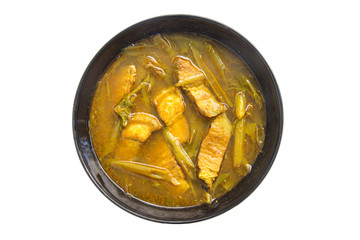 Hot sour soup made of tamarind paste with belly pork and several kinds of vegetables.