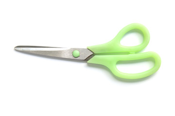 Green scissors isolated on a white background.