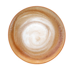 Top view of hot coffee cappuccino spiral foam isolated on white background, clipping path included