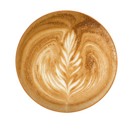 Top view of hot coffee latte art isolated on white background, clipping path included