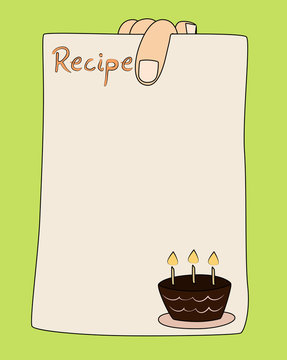 Vector Cartoon Hand Holding Recipe Card Template With Cake.