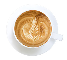 Top view of hot coffee latte art isolated on white background, clipping path included