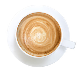Top view of hot coffee cappuccino spiral foam isolated on white background, clipping path included