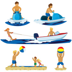 Summer beach activities including jet ski, water skiing and a father and his children playing with a beach ball.
