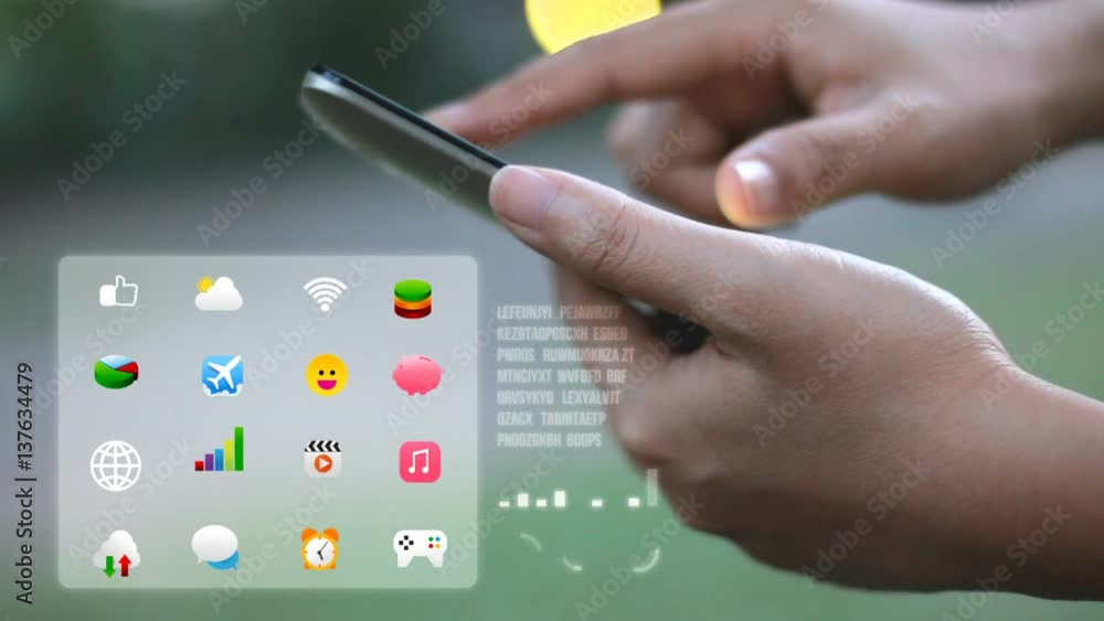 Poster hands of woman using mobile smartphone with application icon animation