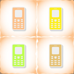 Mobile phone. Flat sticker with shadow on old paper