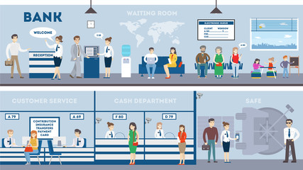 Bank interior set with visitors and workers. Waiting room, safe, customer service and cash department.