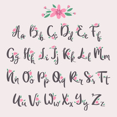 Vector colorful flower font nature colorful summer type and hand drawn alphabet spring beautiful flora set blossom lettering romantic cute design illustration.
