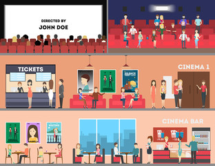 Cinema interior set. Screen and rows with audience, tickets and posters, cinema bar.