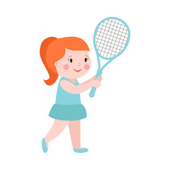Obraz na płótnie Canvas Sport girl tennis player with racket athletic health leisure and good looking kid prepared for active game, action competition cartoon people vector.