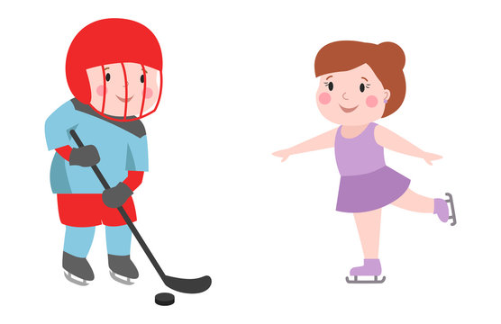 Hockey player boy with stick attitude bandage on face winter sport athlete uniform in helmet equipment and cute pretty girl skating tough confident smiling vector.