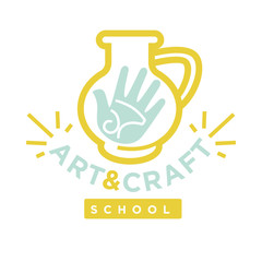 Earthen jug with hand logo label on white