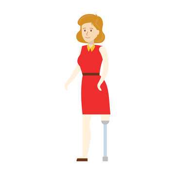 Isolated disabled woman on white background. One-legged young woman with prostheses.
