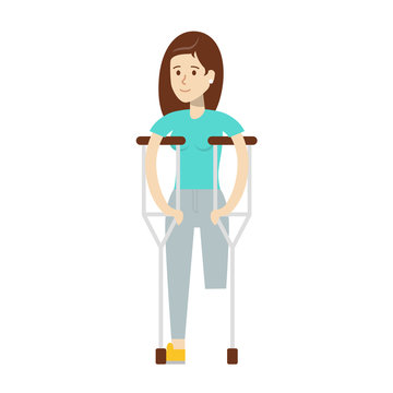 Isolated disabled woman on white background. One-legged woman with crutches.