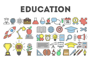 Education icon set on white background. Golden cup, lightbulb, apple, book and more.