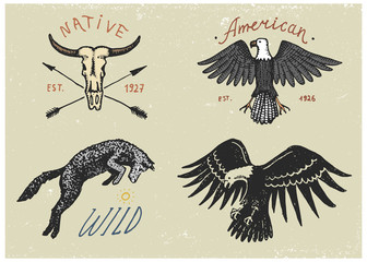 set of engraved vintage, hand drawn, old, labels or badges for camping, hiking, hunting with bald eagle, wild wolf and buffalo skull