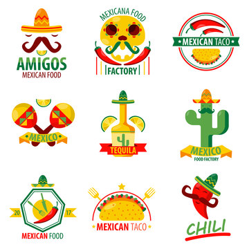 Mexican Food Logo Emblems Vector Poster On White